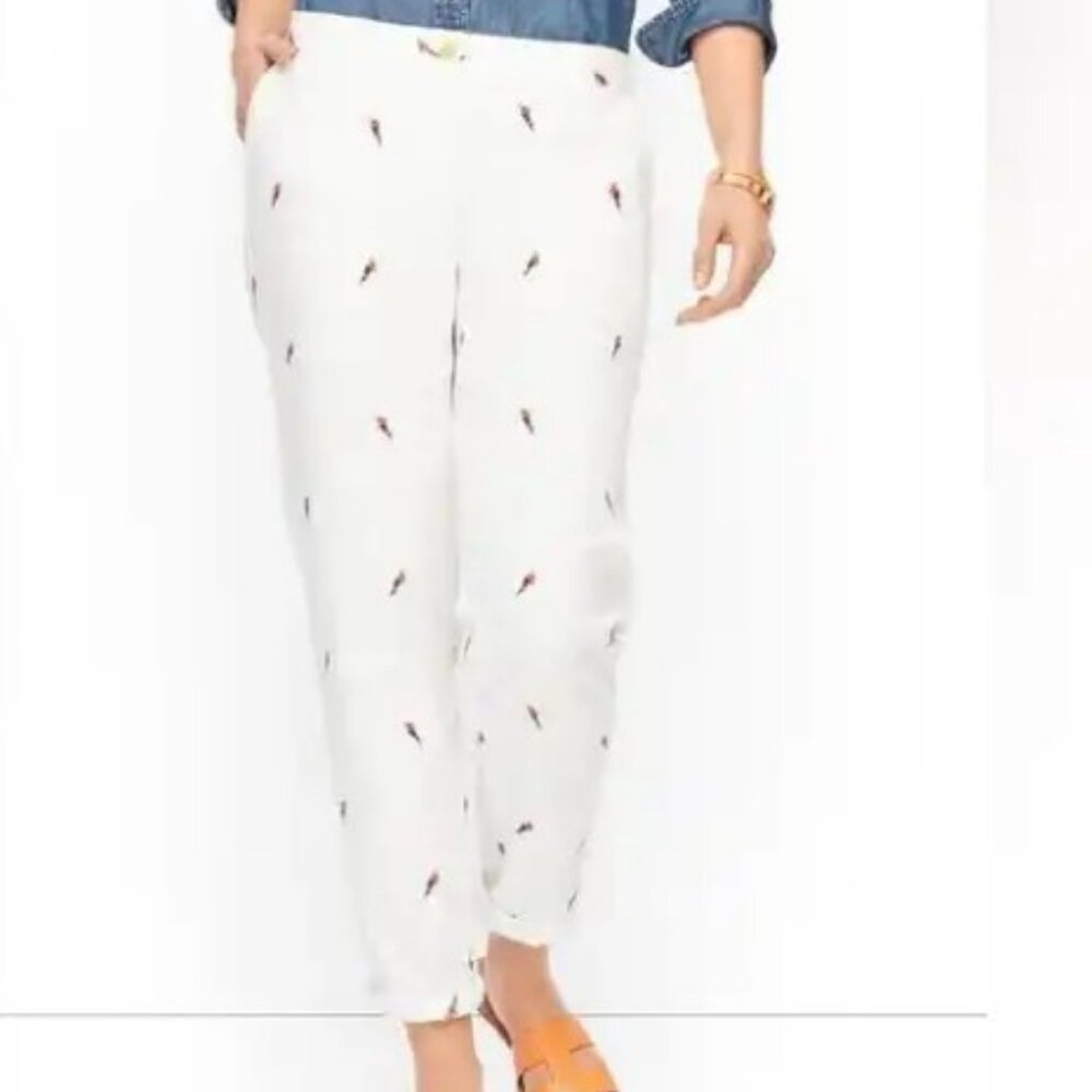 Talbots 8P White Embroidered Parrot Chino‎ Pants Women’s Relaxed Fit Crop Cotton
